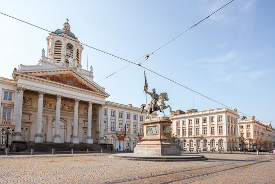 Morning view on the Royal square with monument and church in Brussels