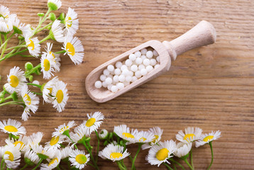 Obraz na płótnie Canvas Herbal remedy alternative medicine. Chamomile flowers and homeopathic medication