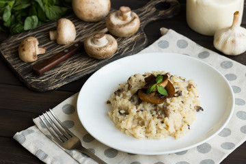 Risotto with mushrooms on a dark wooden background