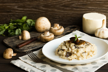 Risotto with mushrooms on a dark wooden background