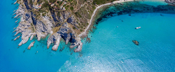 Capo Vaticano, Calabria - Italy. Amazing panoramic overhead aerial view of coastline on a sunny day - obrazy, fototapety, plakaty