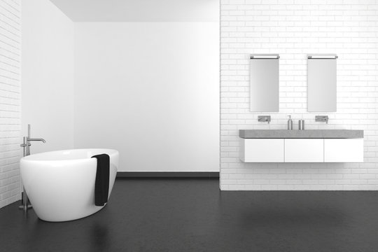 modern bathroom with white brick wall and dark floor