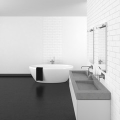 Obraz na płótnie Canvas modern bathroom with white brick wall and dark floor