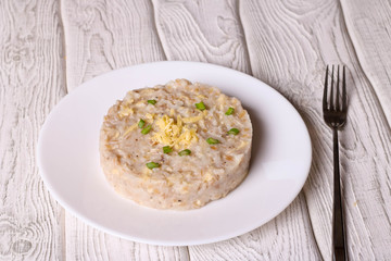 Pearl barley risotto with cheese and green onion
