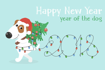 New 2018, the horizontal map. The Chinese year of the yellow dog. Congratulations on a funny white dog with Christmas tree and Christmas lights. Colorful vector illustration in cartoon style.