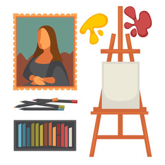Art equipment set and masterpiece colorful vector poster