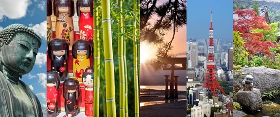 Cercles muraux Japon Japon, collage de photos panoramiques, symboles japonais, concept de voyage et de tourisme au Japon