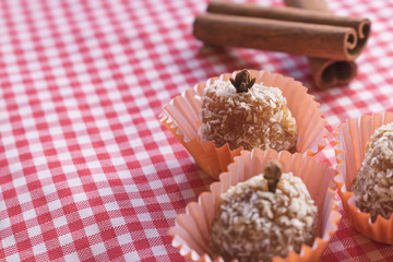 Brazilian dessert sweet of pumpkin, coconut and cinnamon. Festa Junina Party Brazilian Culture Concept Image.