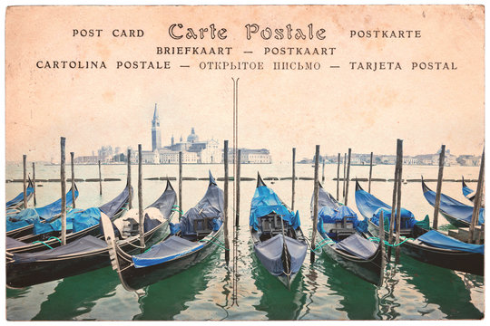 Fototapeta Venice gondolas, Italy, collage on vintage sepia postcard background, word "postcard" written in several languages