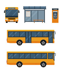 Flat style concept of public transport. Set of city bus with front and side view, bus stop and ticket machine. Isolated vector illustration.    © alazur