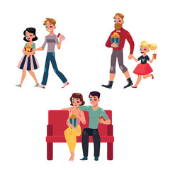 People go to cinema, movie theatre with popcorn, drinks, 3d glasses, cartoon vector illustration isolated on a white background. Couples, friends, father and daughter in 3d glasses go to cinema, movie