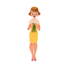 Woman, girl in yellow dress holding bunch of daisy flowers, cartoon vector illustration isolated on white background. Full length portrait of girl, woman holding bunch of flowers, happy and surprised