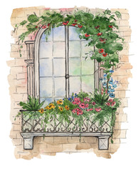 Fototapeta na wymiar Illustration of wooden old retro window with shreds and small balcony wreathed in flowers. Watercolor illustration