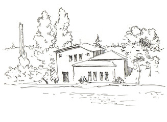 House on river. Nature landscape. Cottage on lake bank in forest. Ink sketch