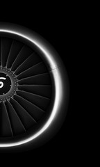 Engine airplane. close up of turbojet of aircraft on black background