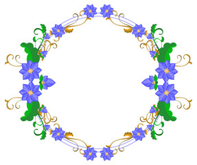 Round decorative frame with abstract blue flowers. Vector clip art.