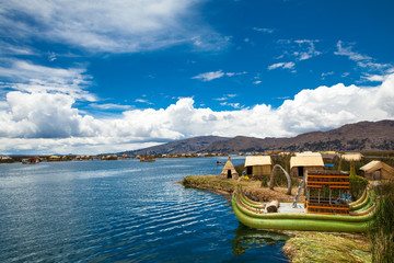 Totora boat on the Titicaca lake near Puno, Peru