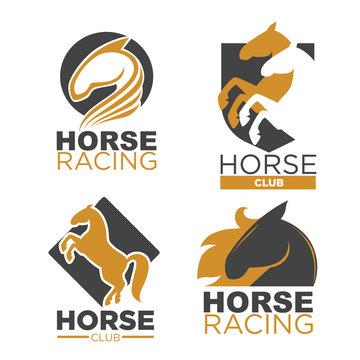 Horse racing logotypes set with mustang silhouettes on white