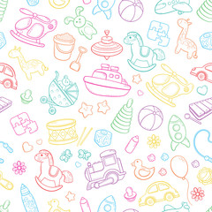 Seamless background, texture, backdrop, pattern, wallpaper with children cartoon doodle toys. Educational games for kids, vector illustration. Baby shower. Icons collection set