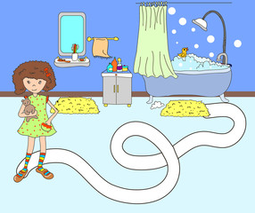 Illustration for children, cartoon. Labyrinth. Help the girl get to the bath. Solve the problem. Pass the labyrinth. Game for children 2-5years. (A series of tasks)