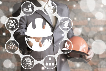 Global Safety Industrial Concept. Business man offers earth globe safety helmet icon on virtual...