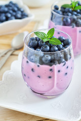 Blueberry yogurt served with fresh blueberries and mint leaves