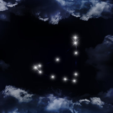 Symbol: Capricorn Zodiac Sign. The constellation is seen through the clouds in the night sky. Vector