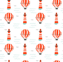 Hand drawn vector cartoon seamless pattern with lighthouse,hot air ballon and sea waves isolated on white background