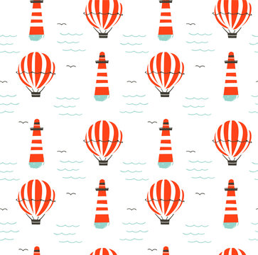 Hand Drawn Vector Cartoon Seamless Pattern With Lighthouse,hot Air Ballon And Sea Waves Isolated On White Background