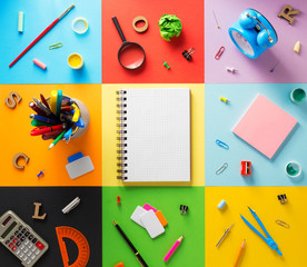 school supplies at abstract colorful background
