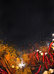 Variety Spices and herbs on black stone background, Top view with empty space background for texture. Italian food, eastern food concept.