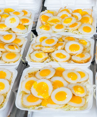 many small mini fried eggs selling by street vendor in Thailand at JJ weekend market. These are Quail eggs. 