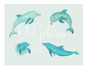 Fototapeta premium Hand drawn vector cartoon tropical dolphins illustration set in blue colors isolated.