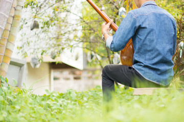 .The young man sitting on the grass courtyard banjo on the lawn happily.