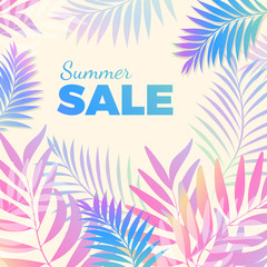 Summer sale bright poster with palm leaves on background