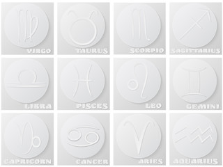 Set of paper zodiac symbols, white icons with shadow on the round paper. Vector illustration