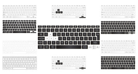 Set of white and black modern laptop keyboards and personal computers. Vector illustration.
