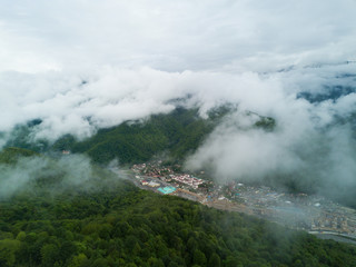 SOCHI, RUSSIA - May, 2017: Aerial view above Ski Resort Gorki Gorod