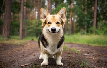 Poster Dog breed Welsh corgi pembroke for a walk in the beautiful forest. © veronika7833