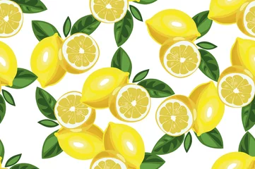 Behang Geel Mooie citroen achtergrond. Vector hand getekend naadloos patroon op wit
