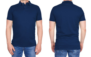 T-shirt design - young man in blank dark blue polo shirt from front and rear isolated - obrazy, fototapety, plakaty