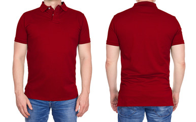 T-shirt design - young man in blank dark red polo shirt from front and rear isolated