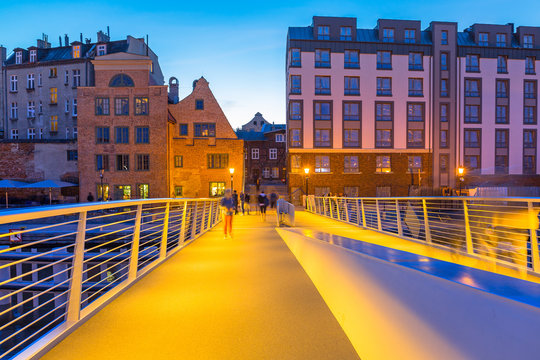 New catwalk over Motlawa river in Gdansk at dusk, Poland
