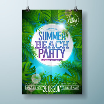  Summer Beach Party Flyer Design with typographic design on nature background with palm leaves