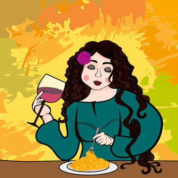 Italian girl eating pasta drink wine