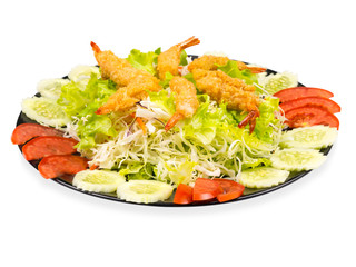 Shrimp Fried on Vegetable Salad in Black Plate. isolated on white background. clipping path.