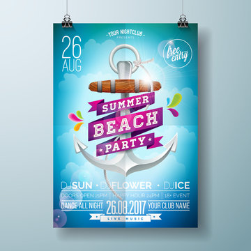 Vector Summer Beach Party Flyer Design with typographic design on nature background with palm anchor and ribbon.