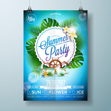 Summer Beach Party Flyer Design with typographic design on nature background with palm trees and sunglasses.