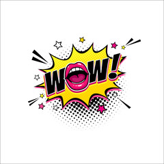 Comic speech bubble with emotional text Wow and female open mouth instead of O, stars and dots. Vector bright dynamic cartoon illustration isolated on white background.