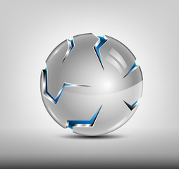Security abstract 3d logo design. Blue glossy sphere, silver cover with slits. Hi tech badge.